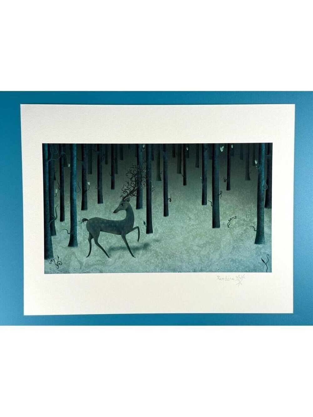 Sandrine Mercier Deer in Forest Illustration Signed Fantasy Giclee Art Print